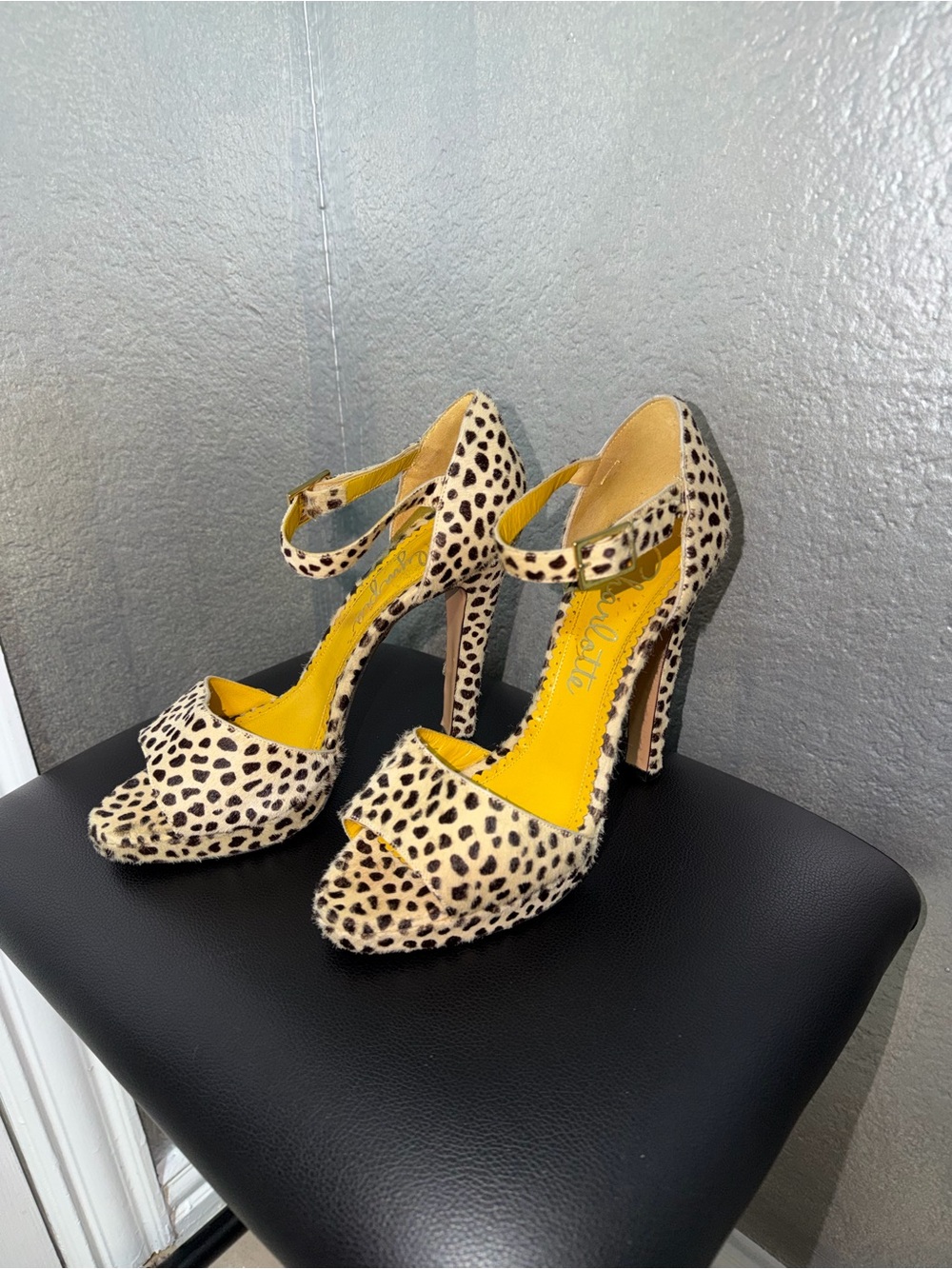 Charlotte Olympia Leopard Print Ankle-Strap Heels with Yellow Insole